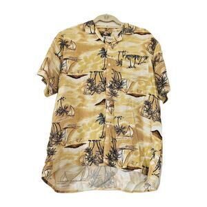 Vtg 80s Hawaiian Shirt Mens L Vintage Floral Yellow Brown Sailboat Tropical Boho